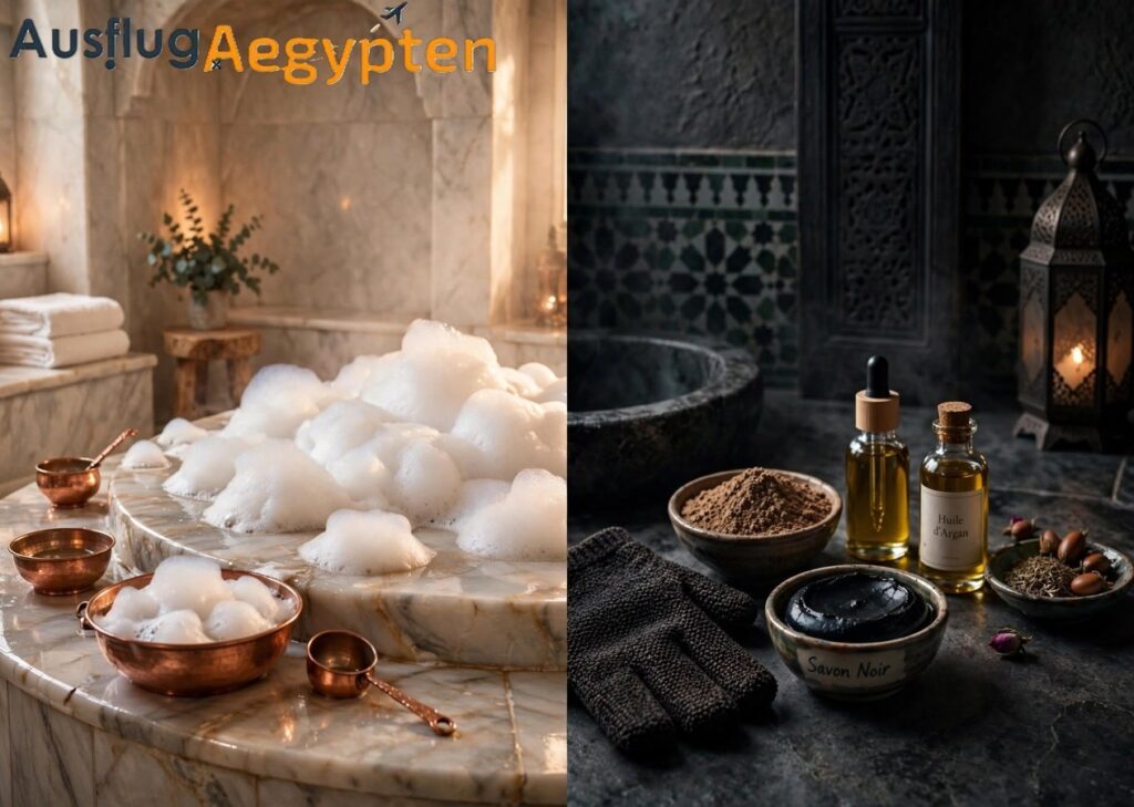 Vergleich Tuerkisches Bad mit Schaum und Marokkanisches Hammam mit Savon Noir und Kessa Handschuh in Hurghada