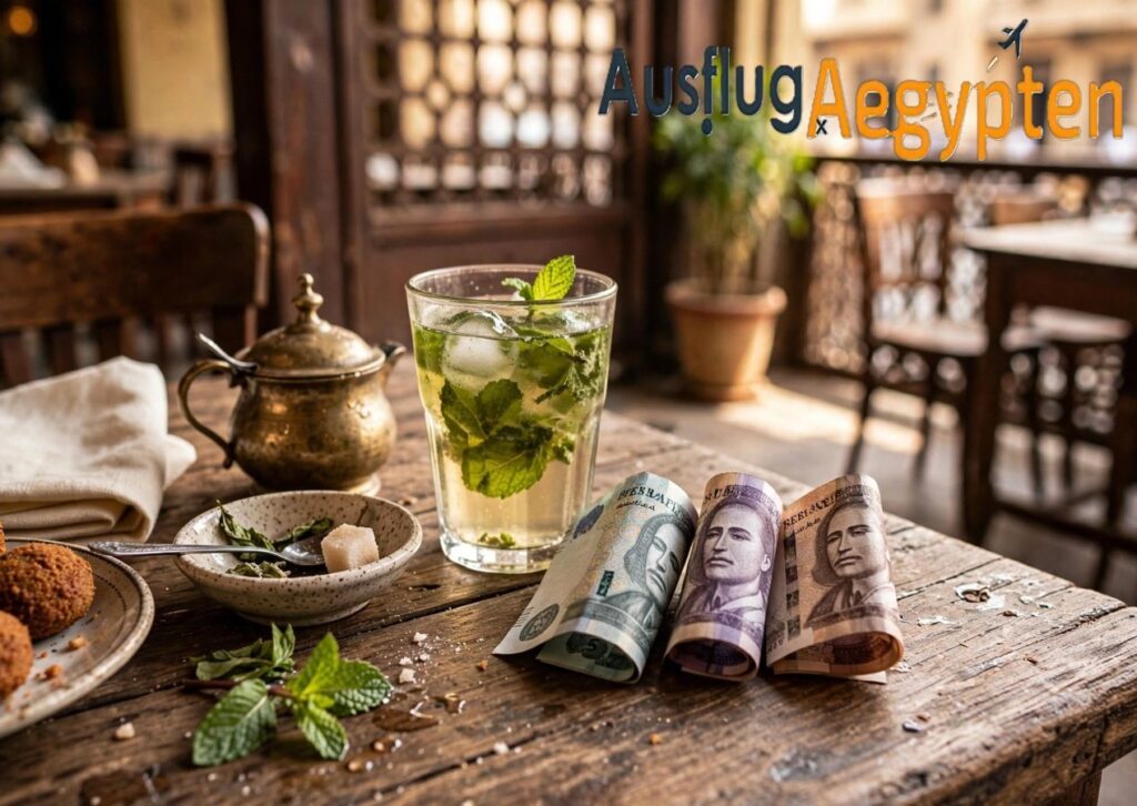 Trinkgeld in Ägypten - Ägyptische Pfund Scheine und Erfrischung auf einem Holztisch in Hurghada